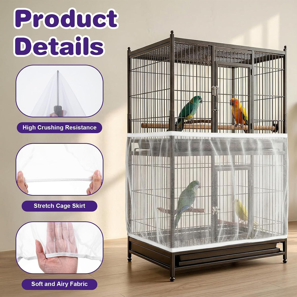 Adjustable elastic band detail on birdcage guard