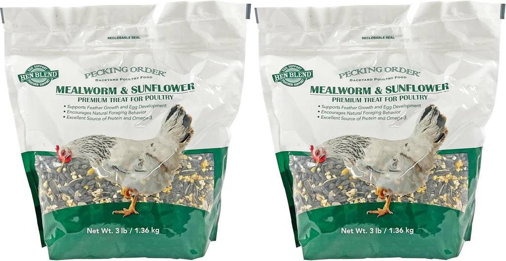 Pecking Order chicken treat bag placed on a farm setting background
