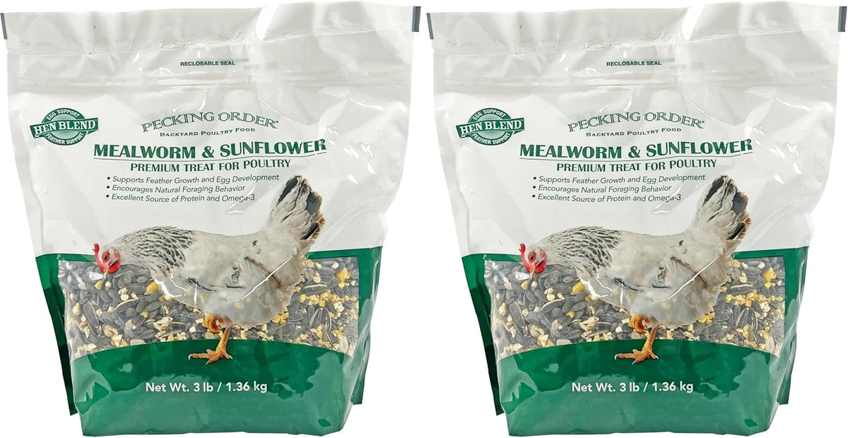 Pecking Order chicken treat bag placed on a farm setting background