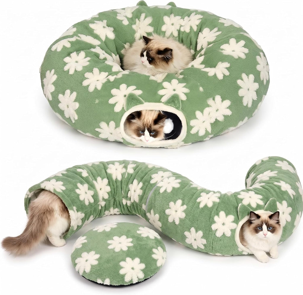 Pesen Cat Tunnel Bed front view of green donut pet toy.