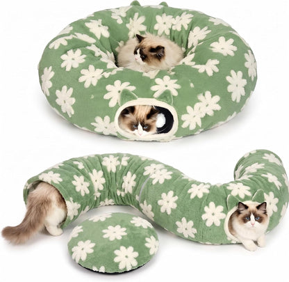 Pesen Cat Tunnel Bed front view of green donut pet toy.