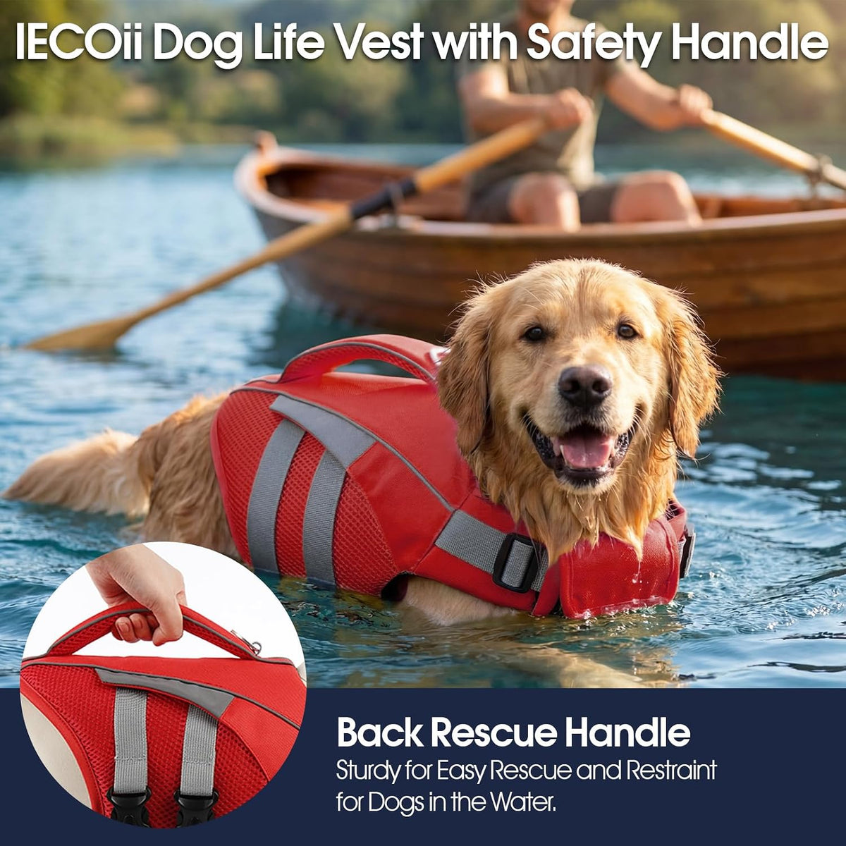 IECOii dog flotation jacket top perspective emphasizing the heavy duty rescue handle and leash D ring.
