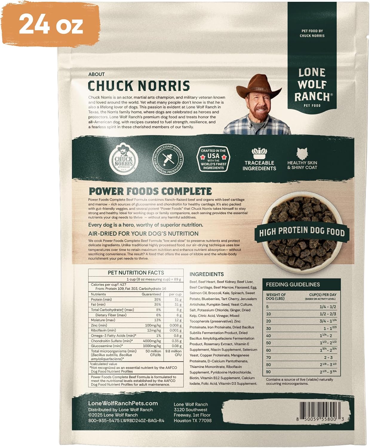 Lone Wolf Ranch Pets Power Foods Complete 24 Ounce bag detailing gut health ingredients