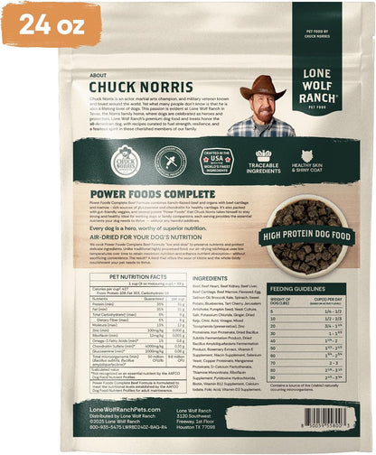 Lone Wolf Ranch Pets Power Foods Complete 24 Ounce bag detailing gut health ingredients