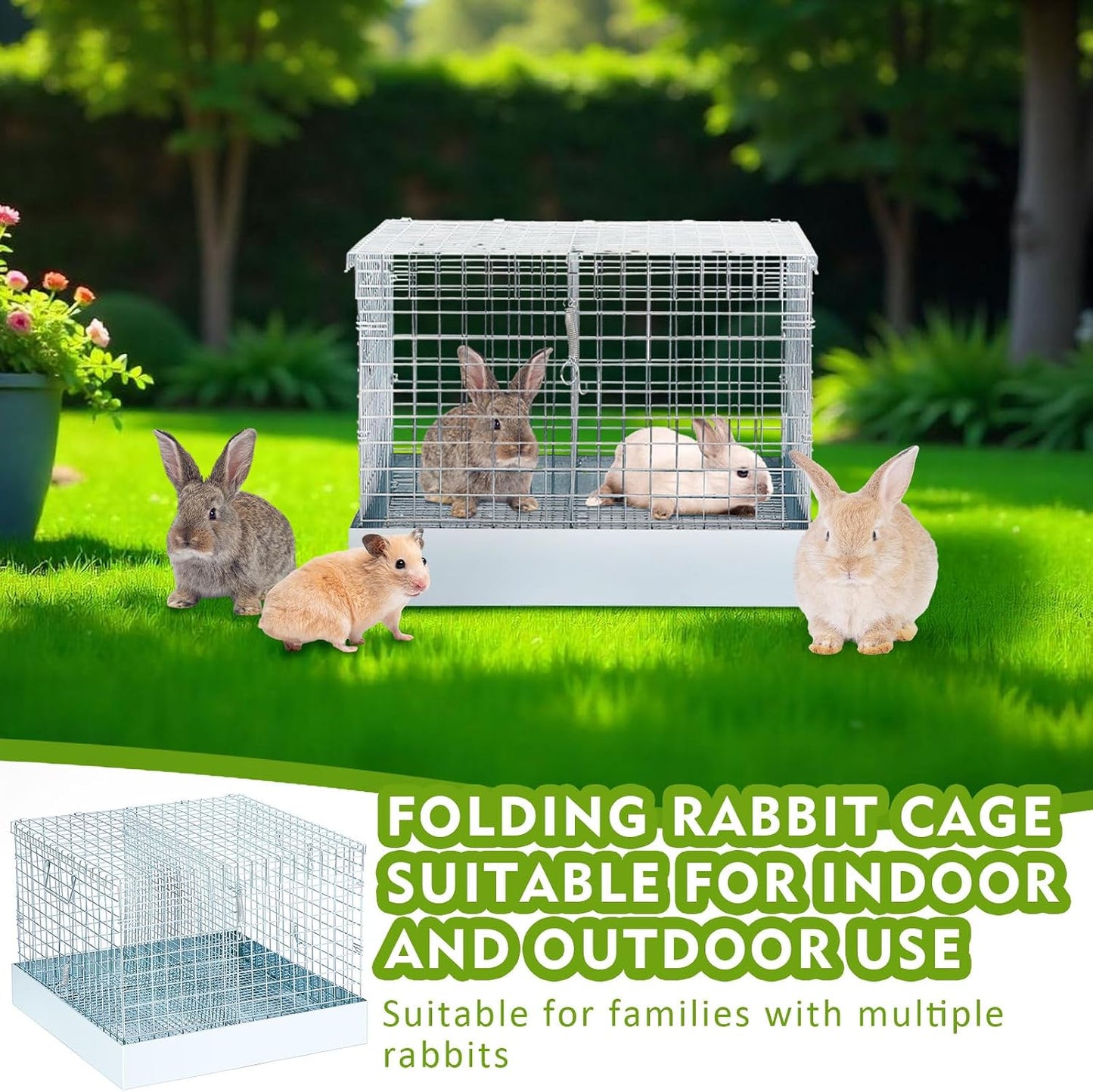 DoubleFill 2 Hole Foldable Rabbit Transport Cage, 18 x 18 x 14 in Portable Metal Bunny Carrier with Tray & Handles for Travel Temporary, Small Animal Cage for Guinea Pigs Hamster Indoor Outdoor - Image 5
