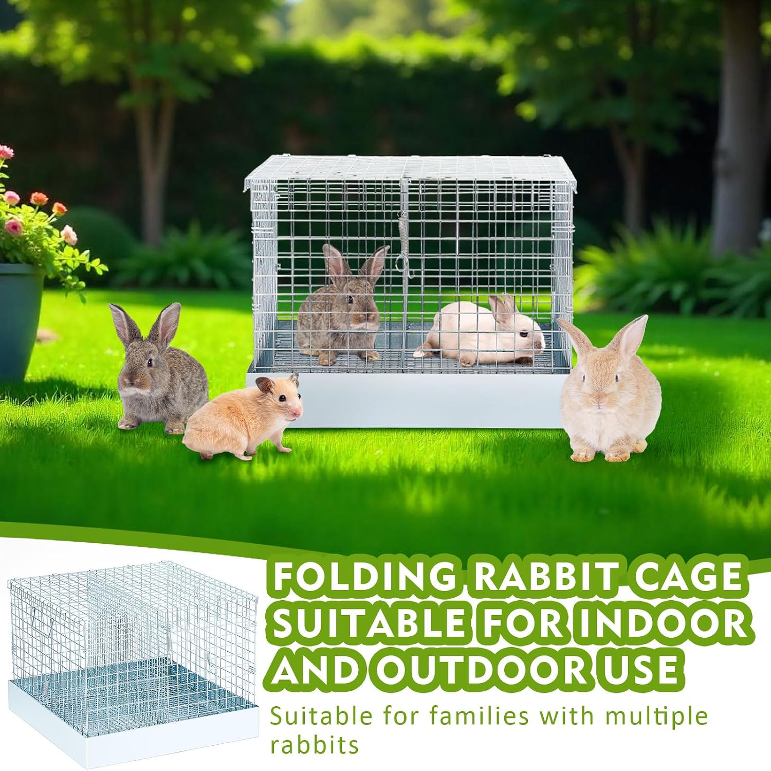 DoubleFill 2 Hole Foldable Rabbit Transport Cage, 18 x 18 x 14 in Portable Metal Bunny Carrier with Tray & Handles for Travel Temporary, Small Animal Cage for Guinea Pigs Hamster Indoor Outdoor - Image 5