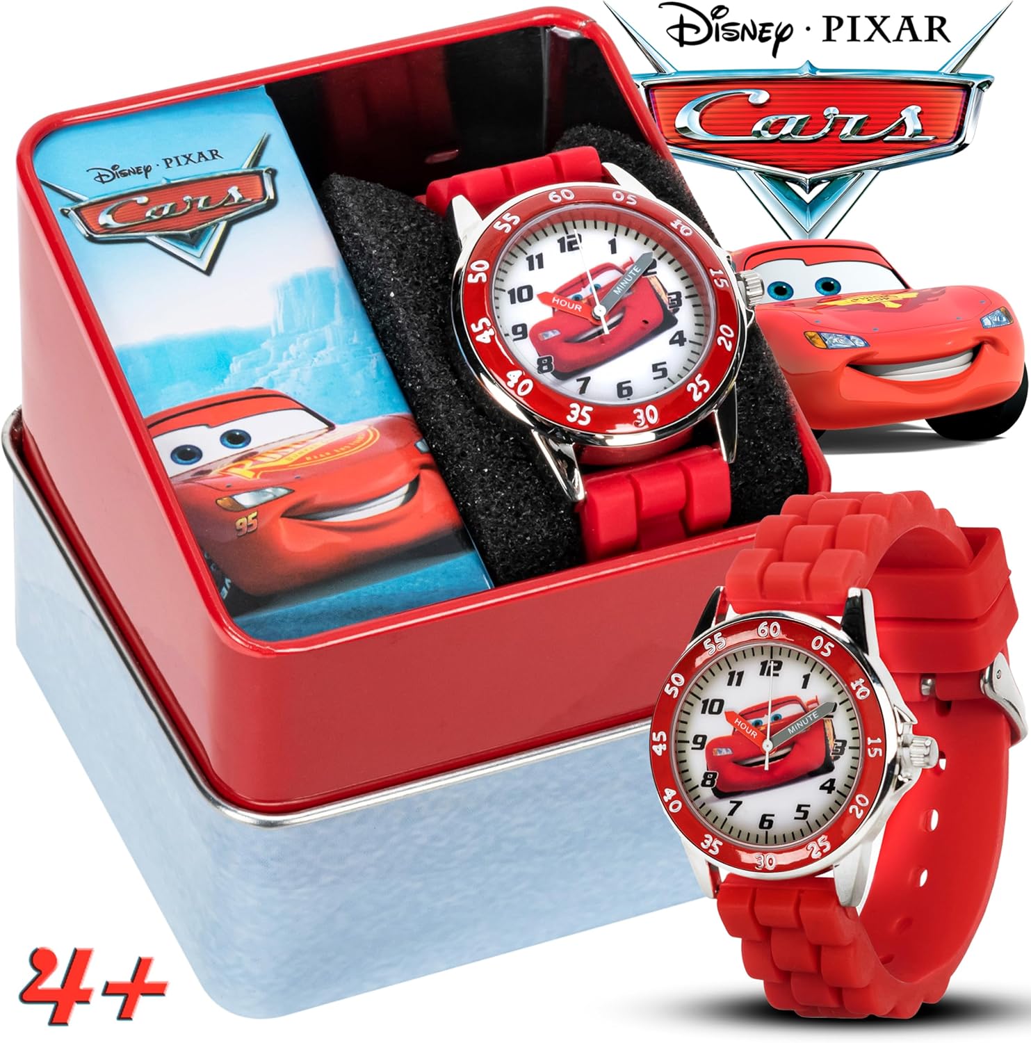Disney Pixar Cars analog children wrist watch with red silicone strap close up.