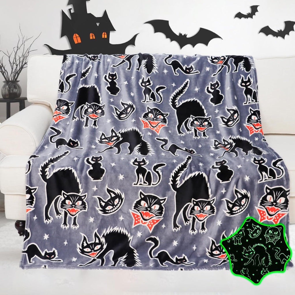 IEOEO black cat Halloween blanket front view showcasing the glowing print pattern.