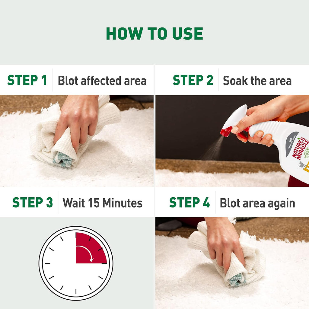 Nature's Miracle dog urine stain remover spray being applied to household carpet