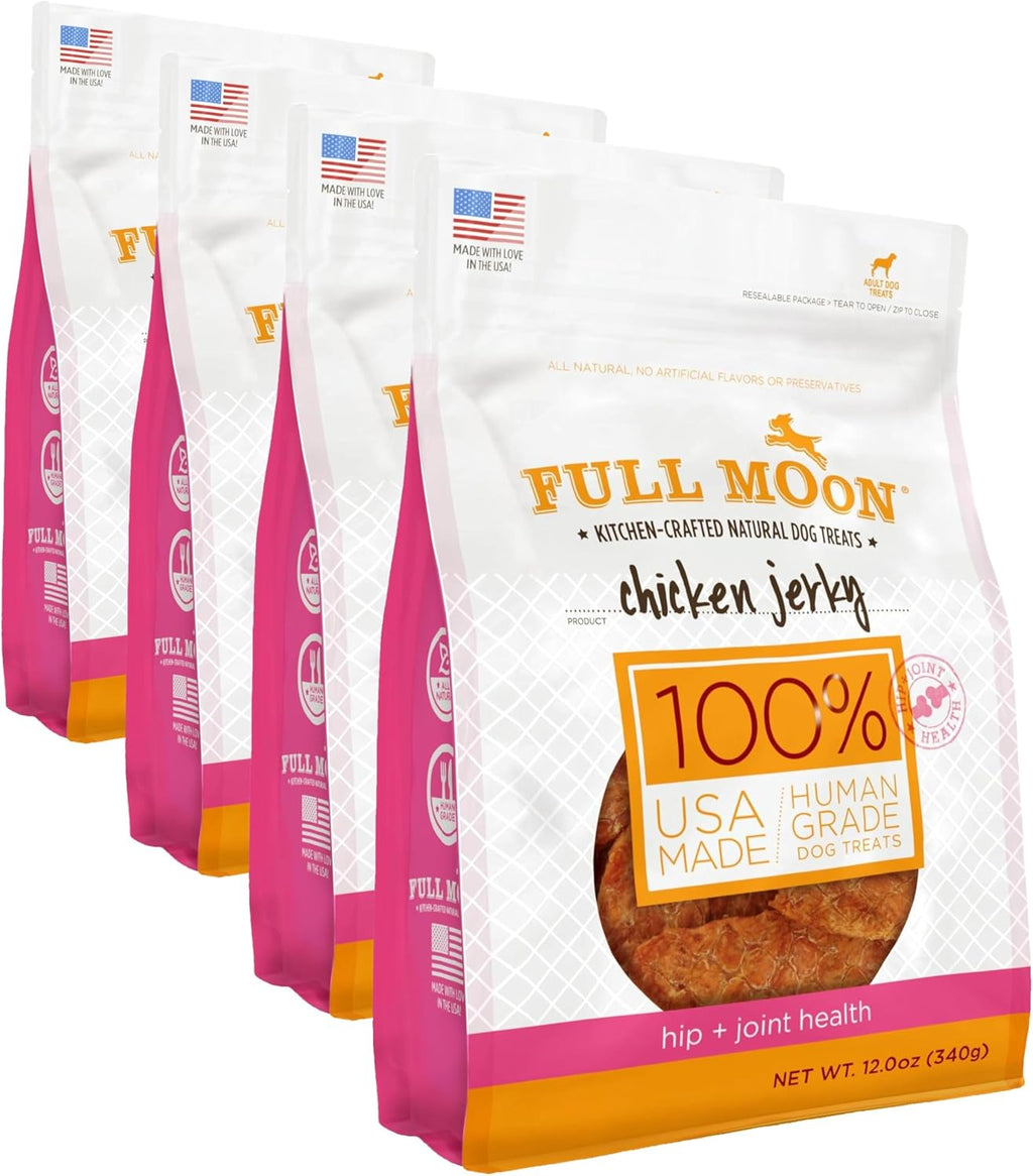 Full Moon branding on natural chicken jerky dog treat bag