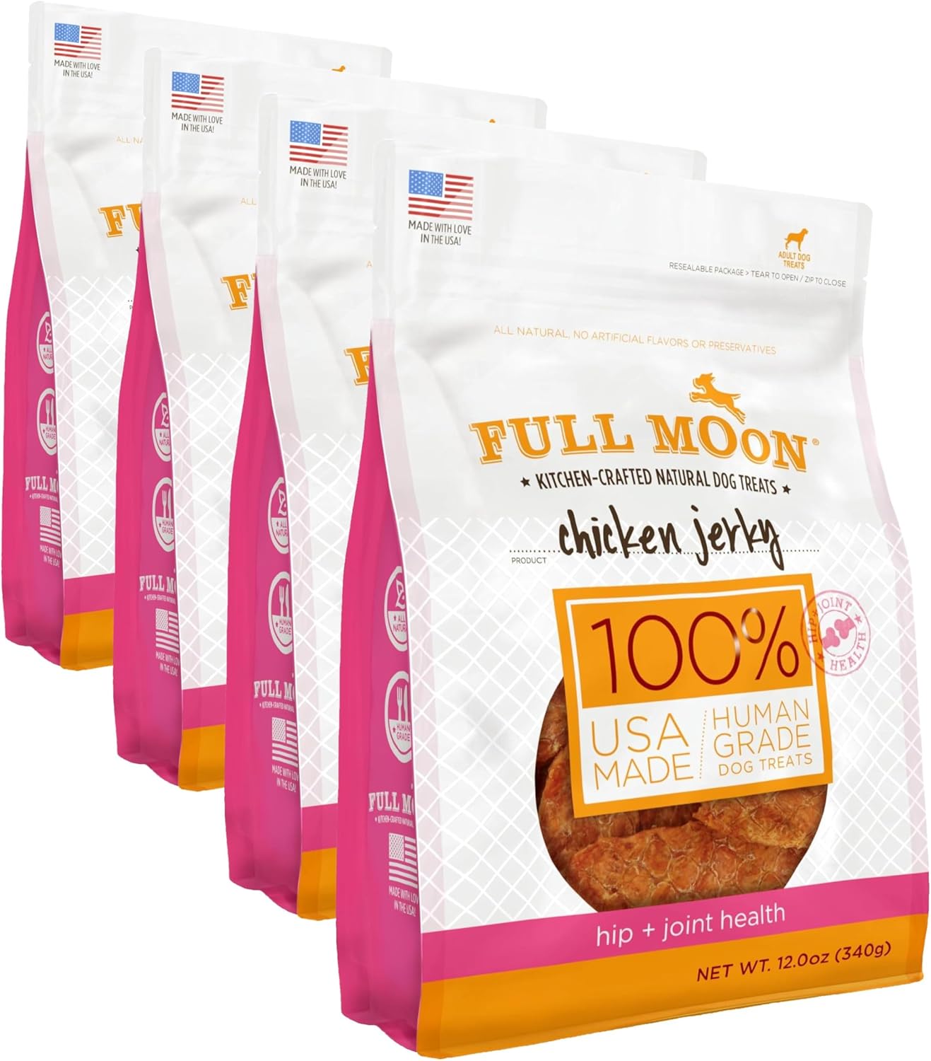 Full Moon branding on natural chicken jerky dog treat bag