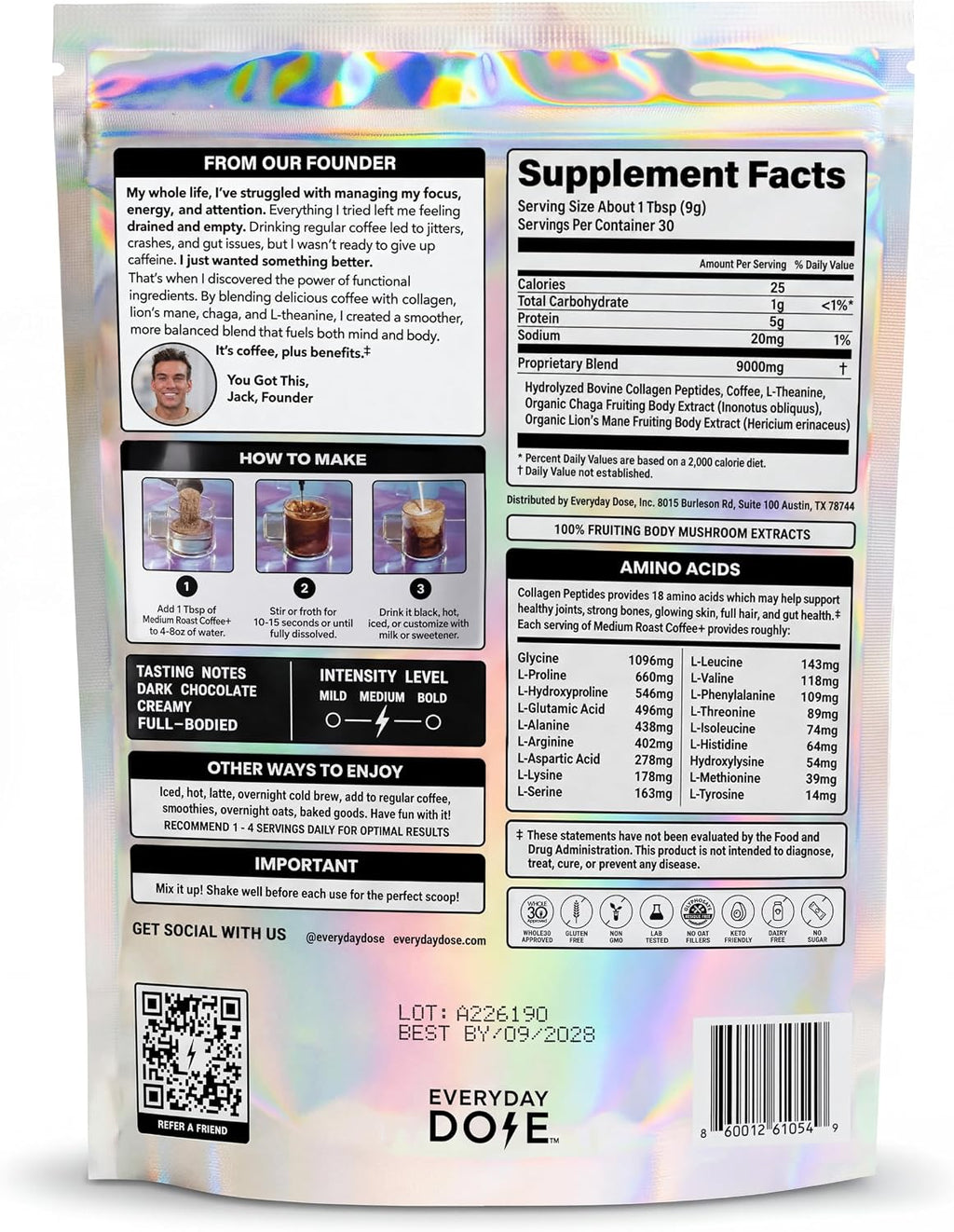 Everyday Dose Bold Medium Roast Mushroom Coffee 90mg Caffeine per serving with Grass-Fed Collagen, Chaga, Lions Mane & L-Theanine for Better Focus, Energy, Digestion, Skin, and Immunity 30 Servings - Image 3