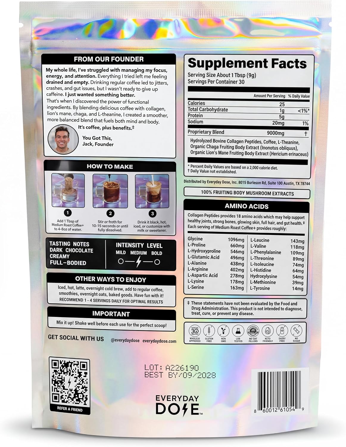 Everyday Dose Bold Medium Roast Mushroom Coffee 90mg Caffeine per serving with Grass-Fed Collagen, Chaga, Lions Mane & L-Theanine for Better Focus, Energy, Digestion, Skin, and Immunity 30 Servings - Image 3