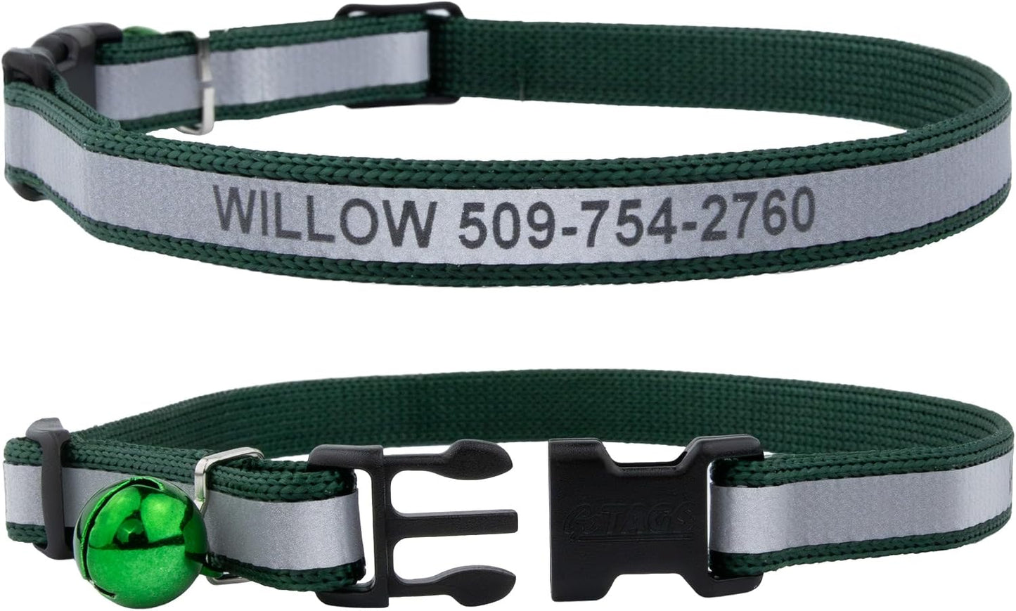 GoTags personalized pet collar hunter green variant with removable silver warning bell
