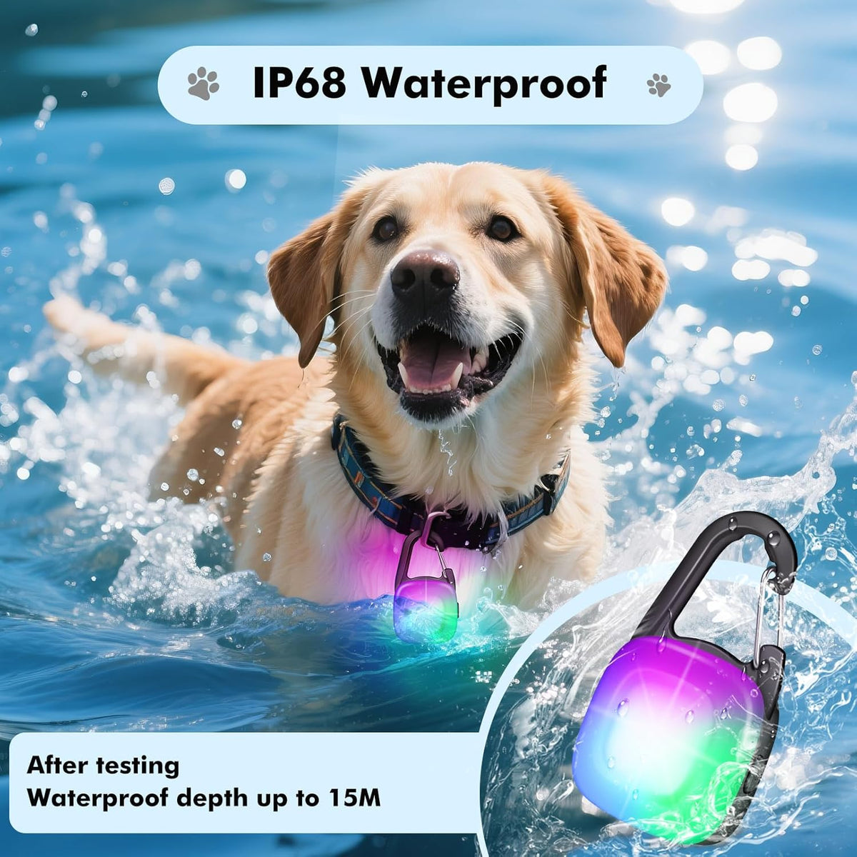 POEEY rechargeable pet light demonstrating the IP68 waterproof performance under water.
