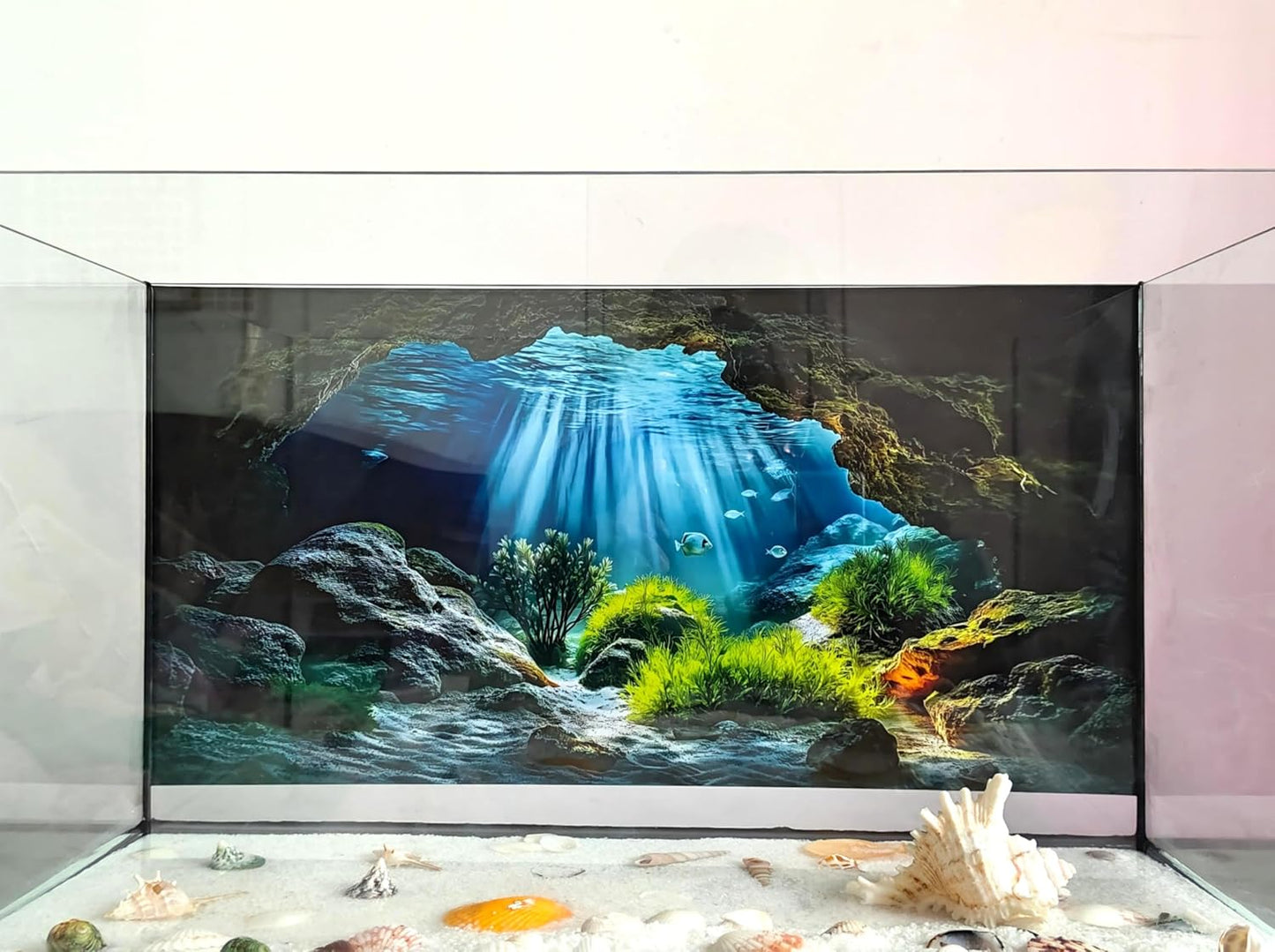 Self adhesive underwater scenery poster for tropical fish tank decoration.
