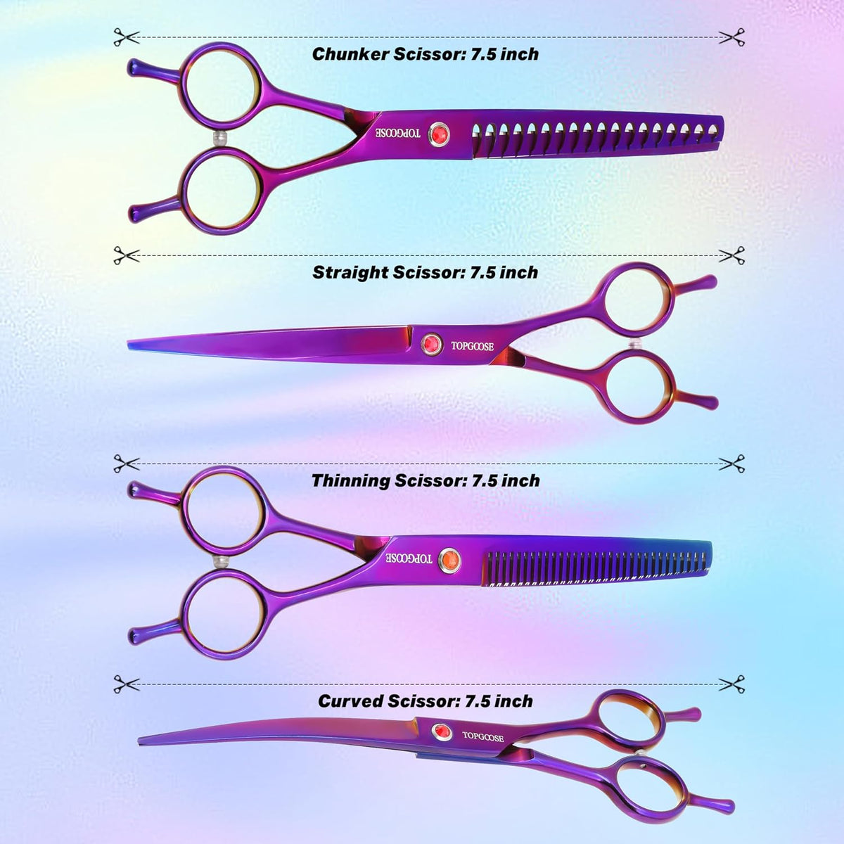 Metal dog grooming comb next to professional purple stainless steel shears