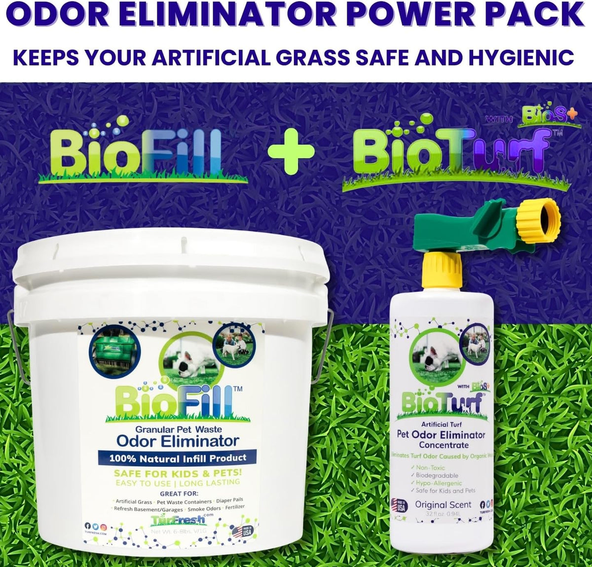 BioTurf BioS+ thirty two ounce enzyme cleaner concentrate bottle with hose attachment.