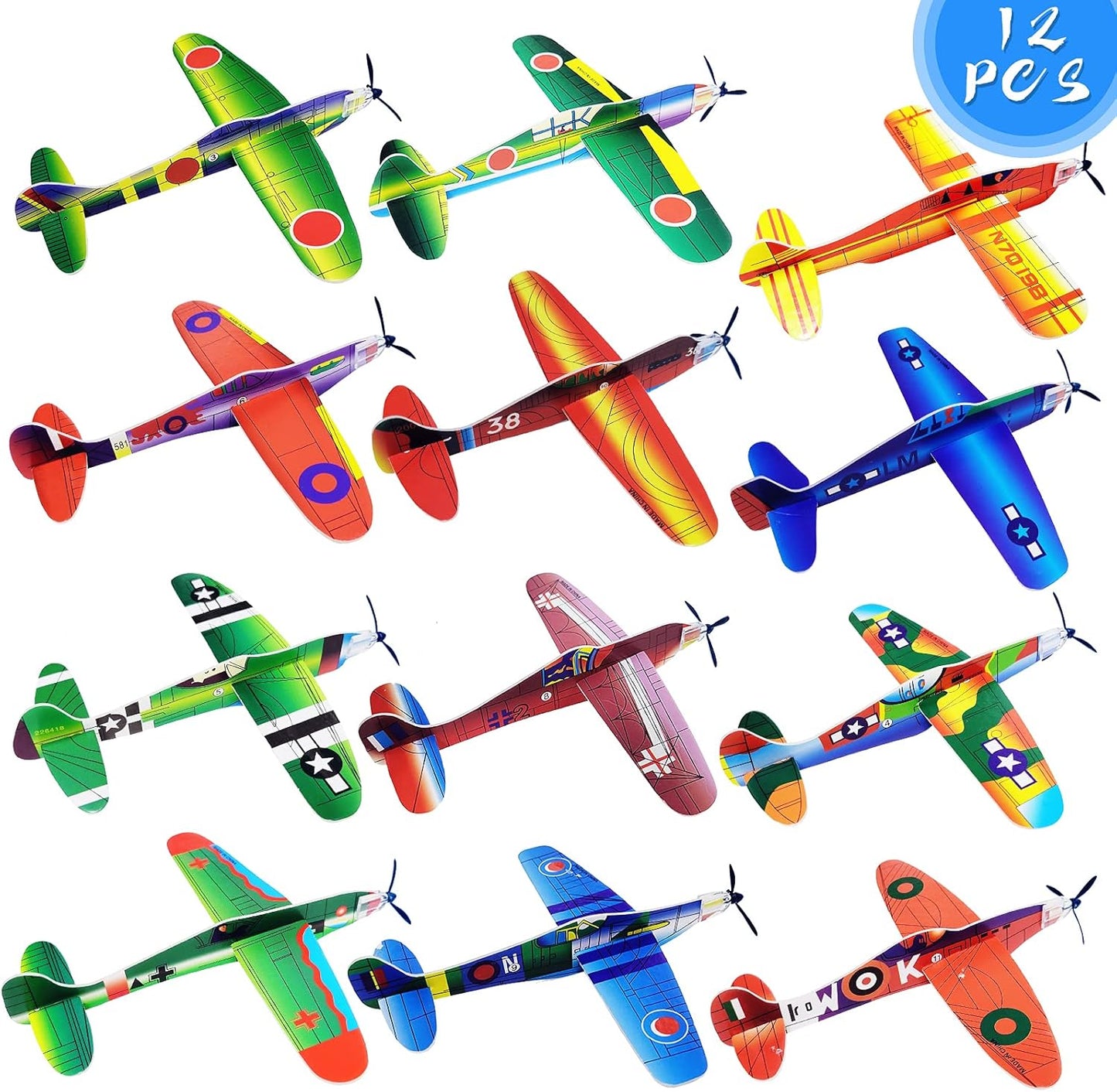 Visen foam glider airplane toy twelve piece assortment pack showcasing different historical fighter jet patterns.