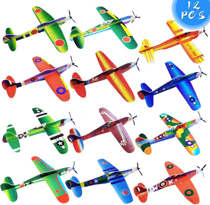 Visen foam glider airplane toy twelve piece assortment pack showcasing different historical fighter jet patterns.