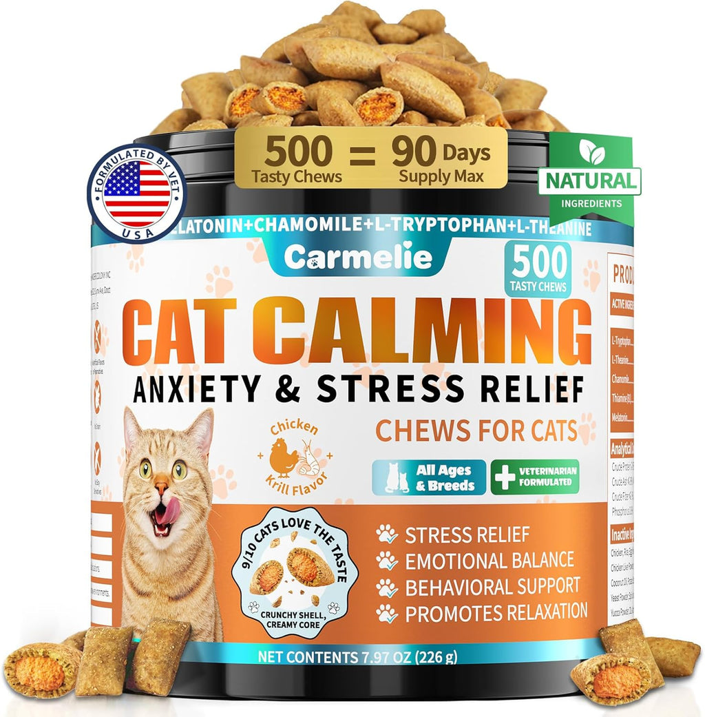 Wagmee Carmelie cat calming treats front packaging showing 500 crunchy and creamy chews