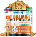 Wagmee Carmelie cat calming treats front packaging showing 500 crunchy and creamy chews