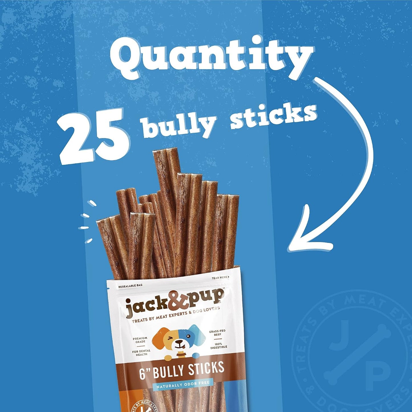 Odor free premium grade bully sticks packaging detail showing grass fed beef