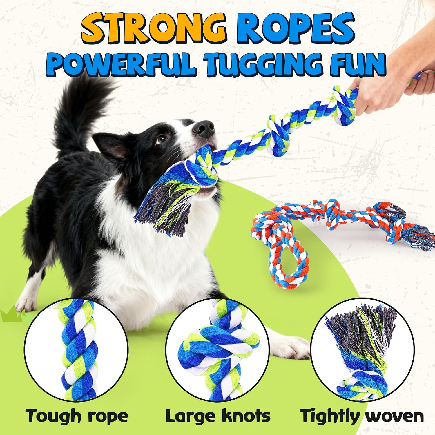 Close up of the durable multi knot cotton weave on the PatsFran aggressive chewer toy pack