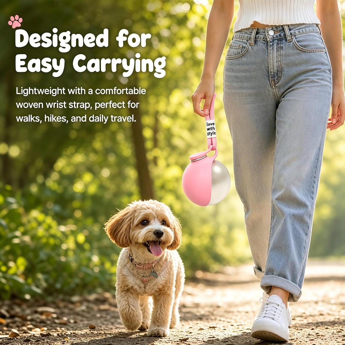 Parvala portable dog hydration ball with secure wrist strap for walking and hiking