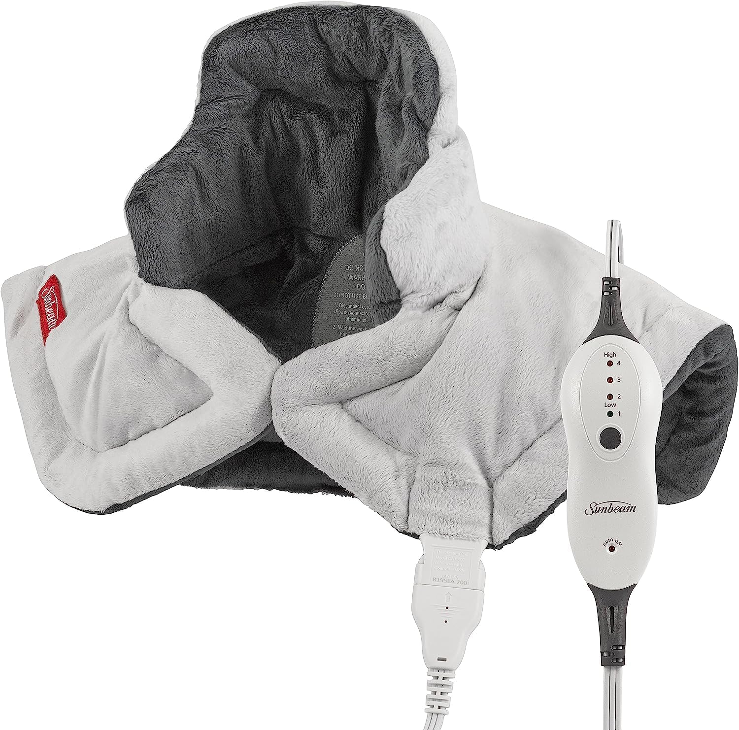 Sunbeam contoured heating pad front view showing grey micro-fleece fabric wrap and tall collar design.