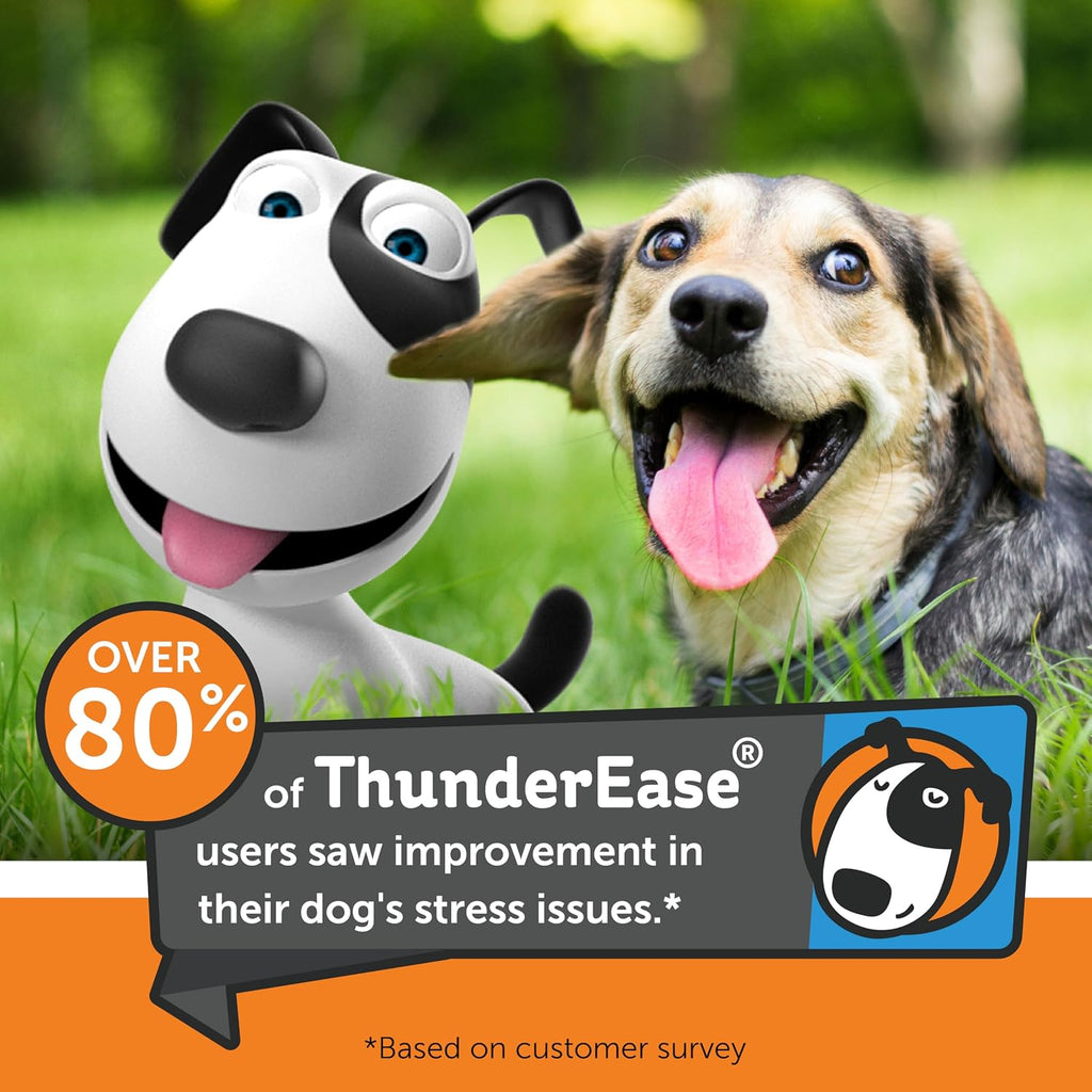 ThunderEase dog anxiety diffuser plug-in unit with attached thirty day refill vial showing proper right side up orientation.