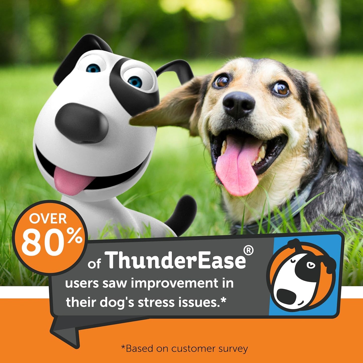 ThunderEase dog anxiety diffuser plug-in unit with attached thirty day refill vial showing proper right side up orientation.