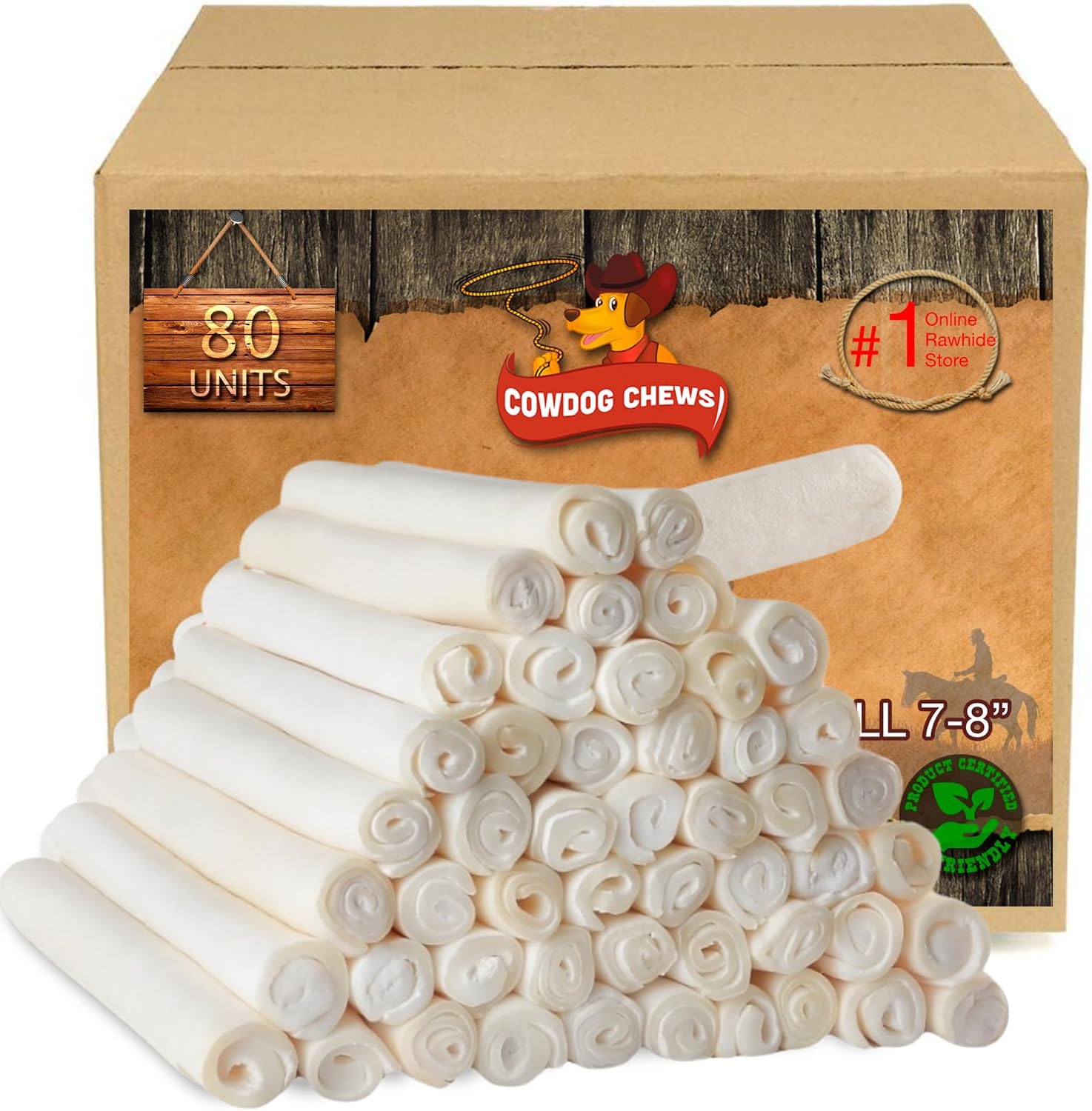 Authentic USA imported Cowdog Chews beefhide rolls package displaying dental health benefits.