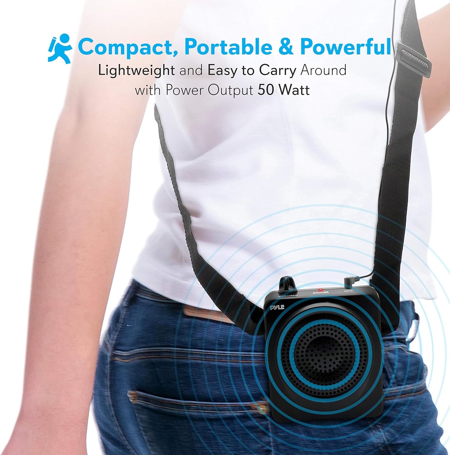 Pyle portable voice amplifier showing the 3.5mm auxiliary input jack and charging port
