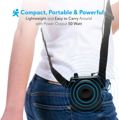 Pyle portable voice amplifier showing the 3.5mm auxiliary input jack and charging port