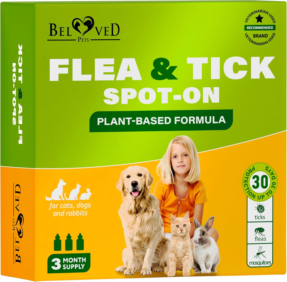 Beloved Pets Flea and Tick Spot On Drops front packaging view showing natural pest protection for dogs and cats.