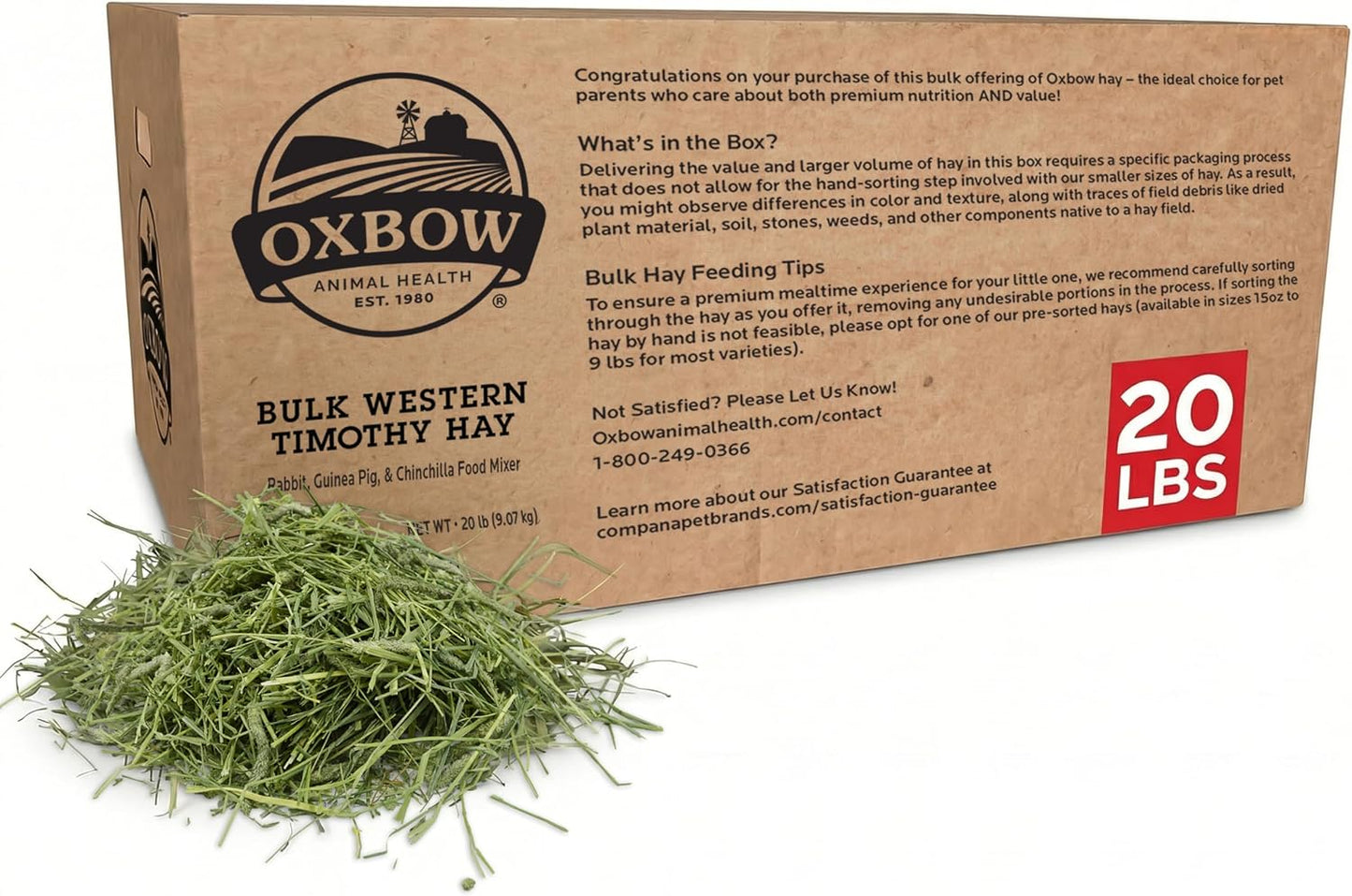 Oxbow Western Timothy Hay twenty pounds bulk bag front view showing premium USA small pet food packaging.