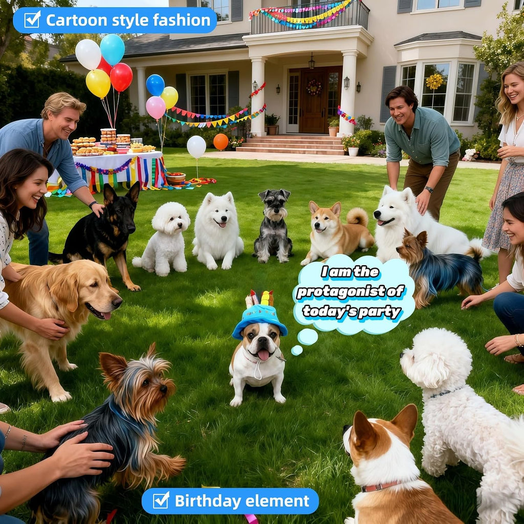 Pet wearing blue cake birthday hat for party photoshoot