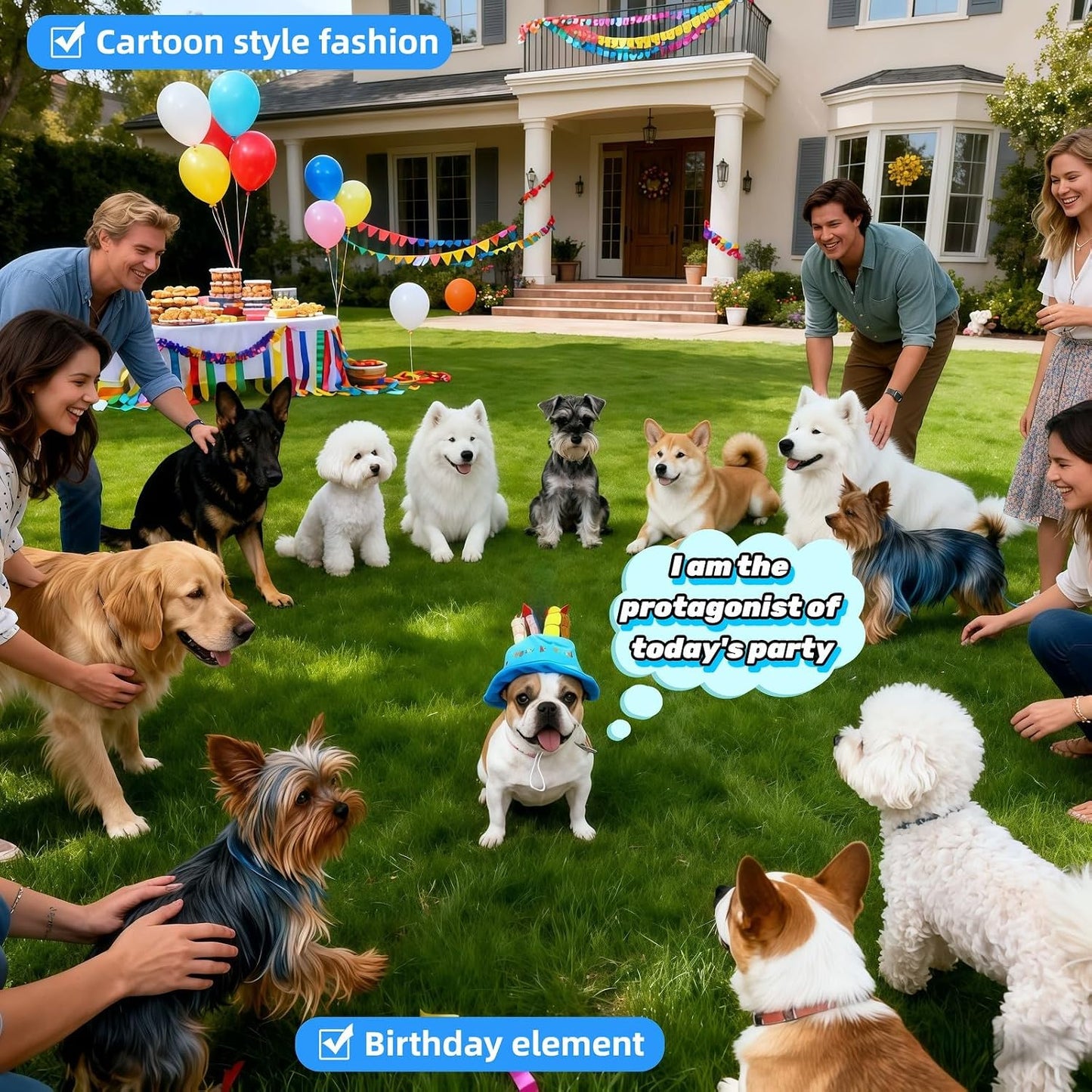 Pet wearing blue cake birthday hat for party photoshoot