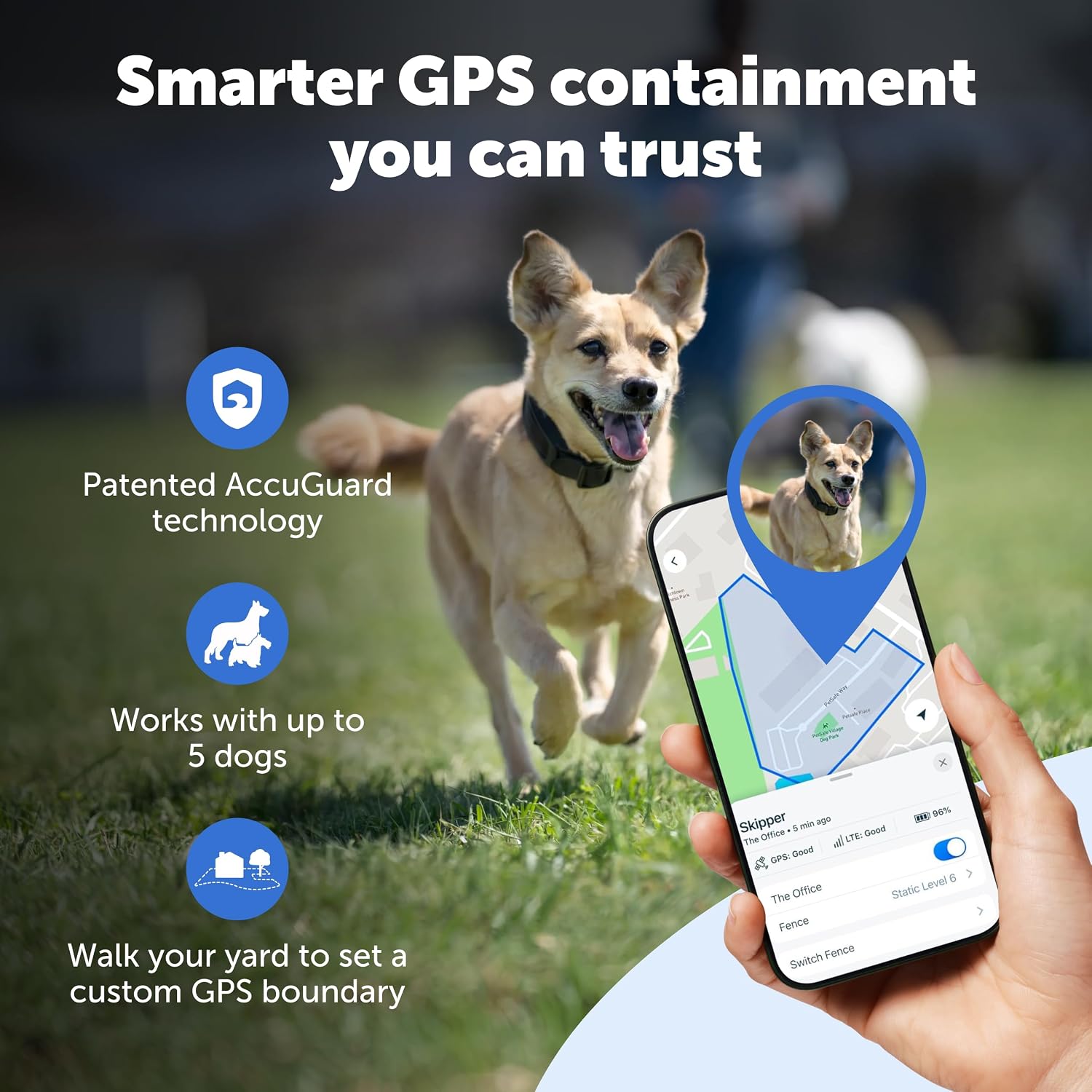 Smart pet containment collar highlighting the slim lightweight design for large dogs.