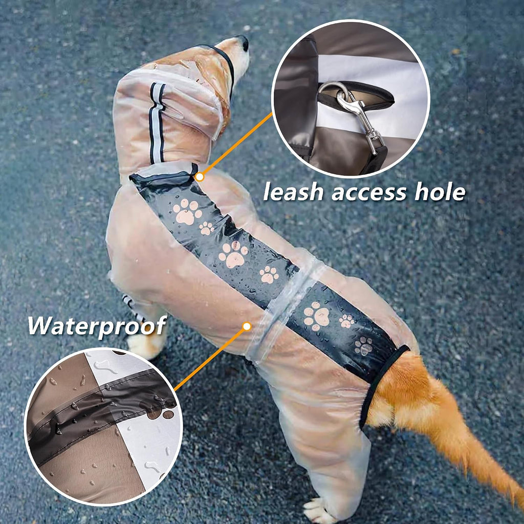 Side view of Olsa transparent dog raincoat providing full body protection.