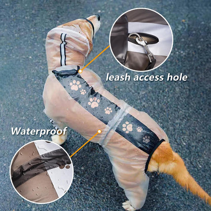 Side view of Olsa transparent dog raincoat providing full body protection.
