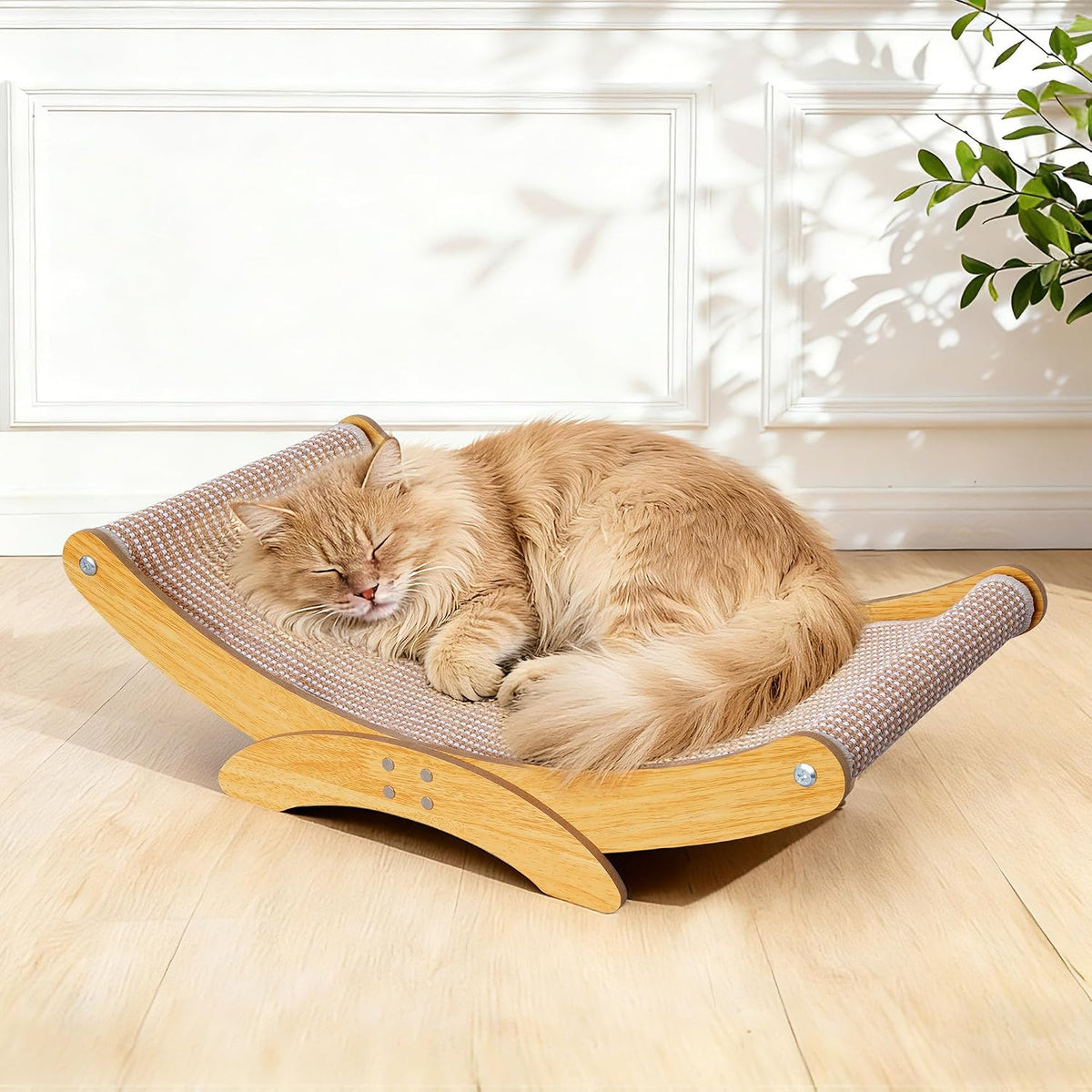 AROPEME cat scratcher bed front view featuring the curved natural sisal scratching surface and solid wood frame.