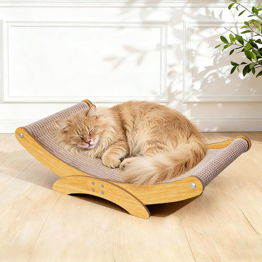 AROPEME cat scratcher bed front view featuring the curved natural sisal scratching surface and solid wood frame.
