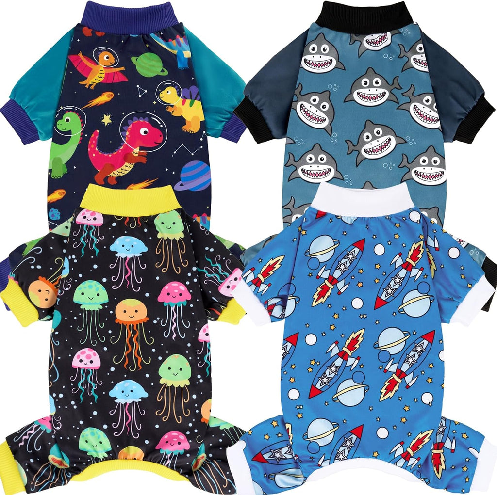 XPUDAC dog pajamas universe theme front view on a small puppy