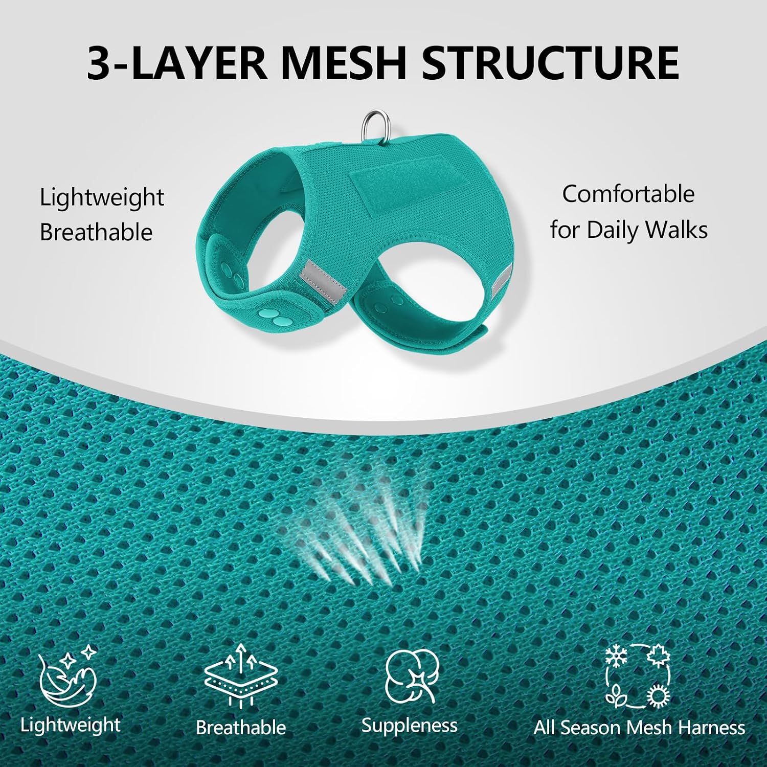 Soft breathable air mesh puppy harness detail view of comfort fabric