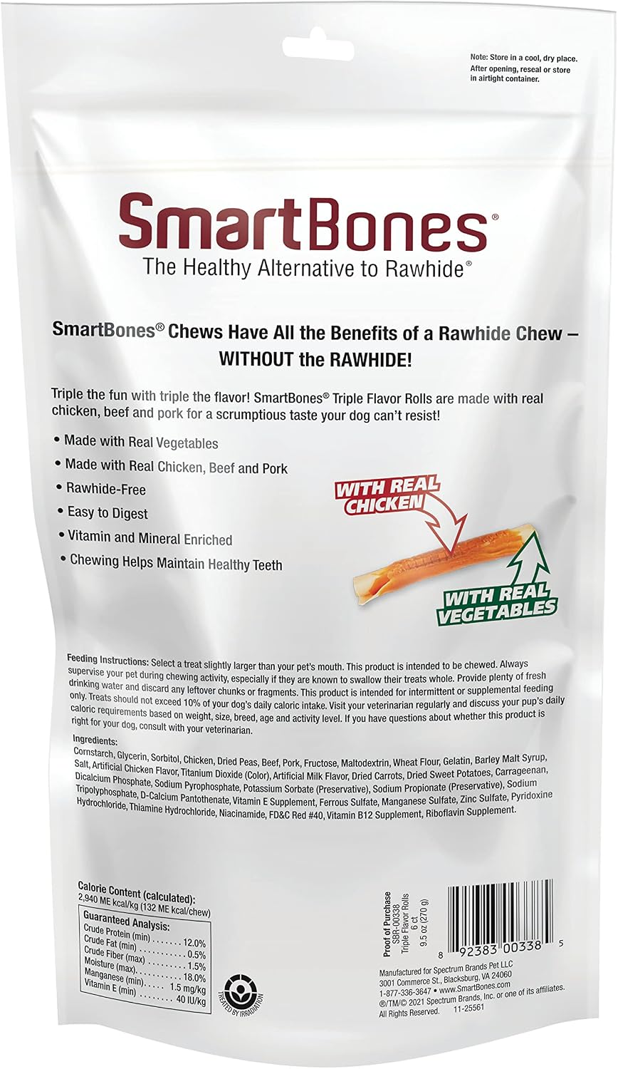 SmartBones Triple Flavor Rolls dog chews showing product texture and ingredients label
