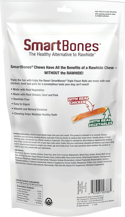 SmartBones Triple Flavor Rolls dog chews showing product texture and ingredients label