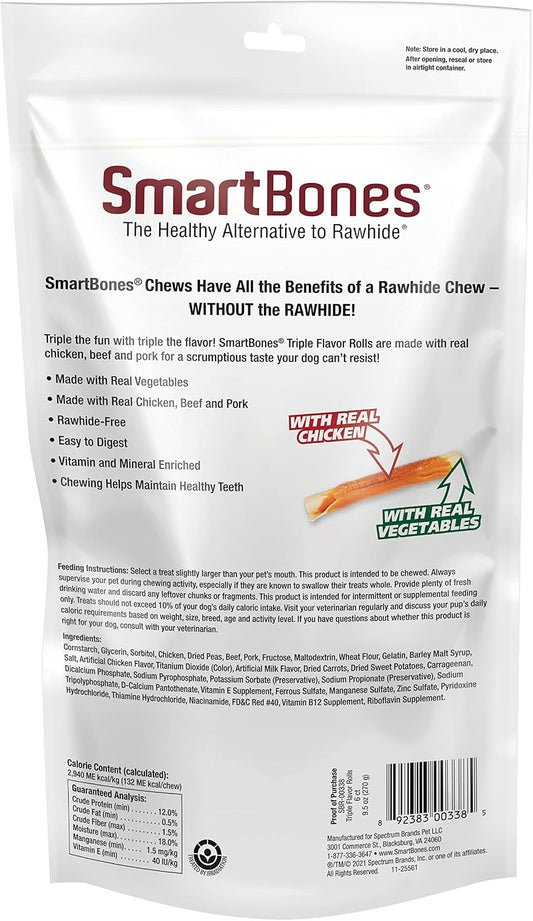 SmartBones Triple Flavor Rolls dog chews showing product texture and ingredients label