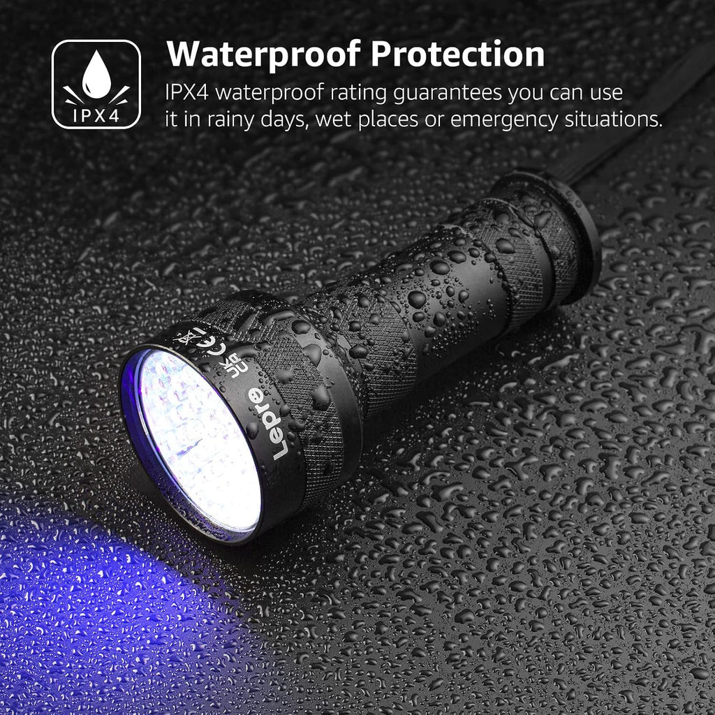 Durable aluminum alloy blacklight flashlight body with anti slip texture and wrist strap.